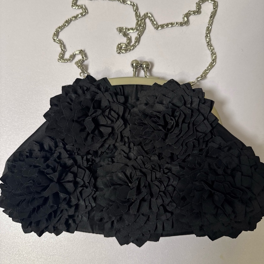 Jessica McClintock VTG Cocktail Purse Clutch Party‎ Black Ruffle Snap Closure